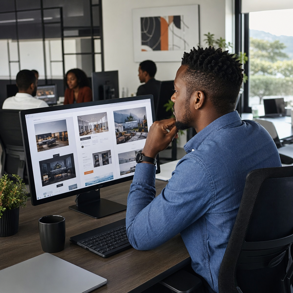 Zambian web developer reviewing a portfolio of website designs on a large monitor in a professional agency office in Lusaka, diverse team in background, photorealistic, no text