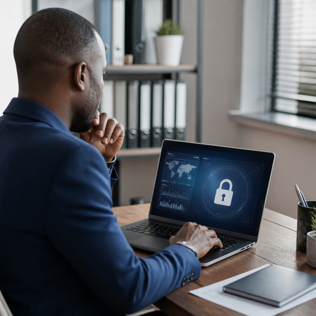 Zambian small business owner reviewing a website security dashboard on a laptop, padlock icon visible on screen, professional office environment, photorealistic, no text