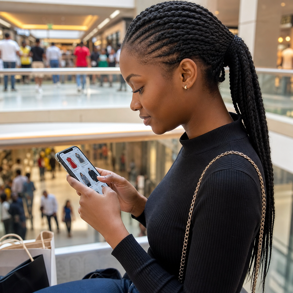 Young Zambian woman browsing a retail clothing website on her smartphone in a busy Lusaka shopping centre, warm natural light, photorealistic, no text