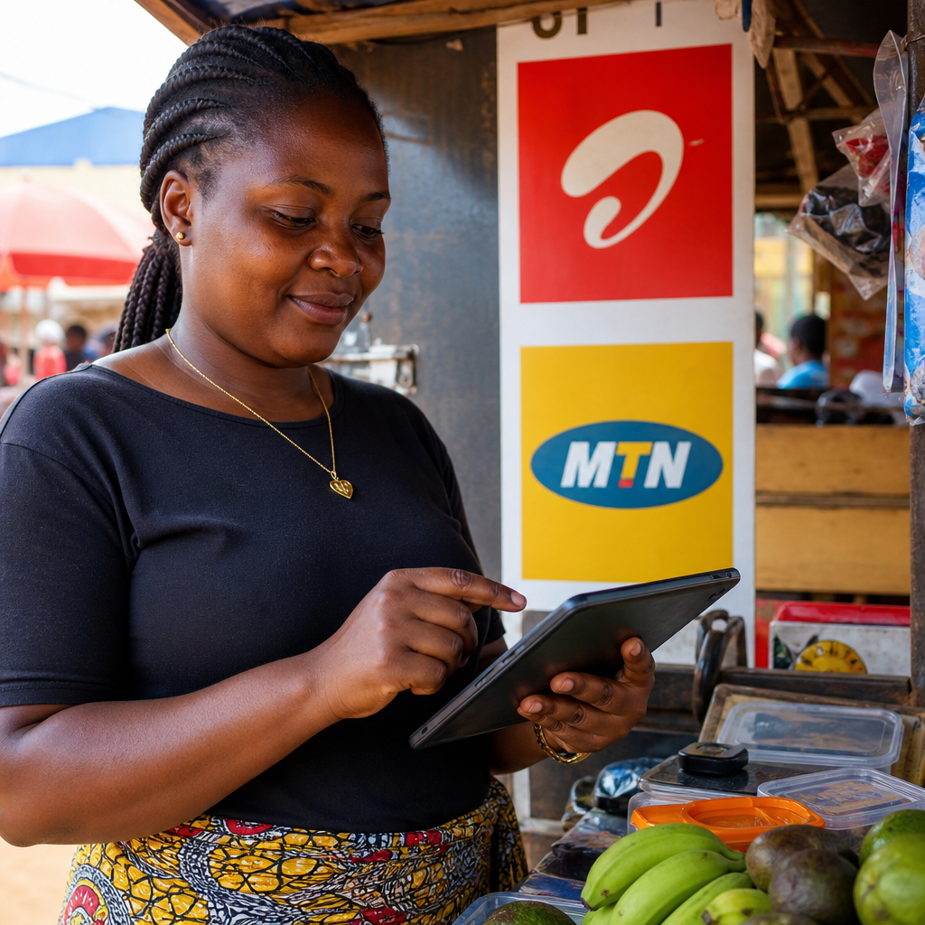 Zambian small business owner setting up a mobile money merchant payment on a tablet at a market stall, Airtel and MTN logos visible in background signage, photorealistic, no text