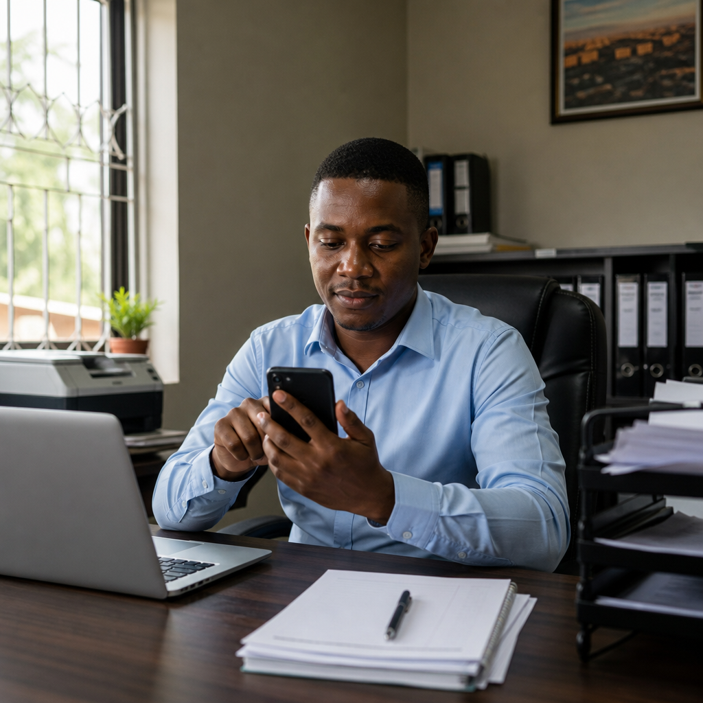 Zambian entrepreneur using WhatsApp Business on a smartphone to respond to customer enquiries in a small professional services office in Ndola, photorealistic, no text