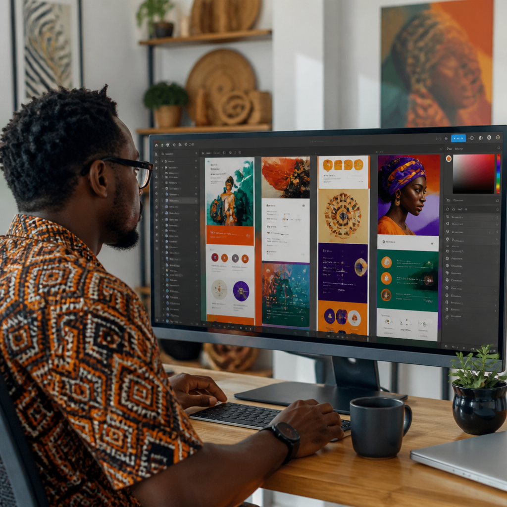 A web designer in a bright Lusaka studio reviewing colourful website mockups on a large monitor with Figma open, African decor visible in the background, photorealistic, no text