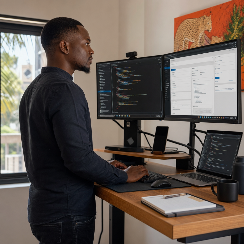 A developer in Zambia working at a standing desk with multiple monitors showing WordPress dashboard and code editor, focused expression, natural office lighting, photorealistic, no text