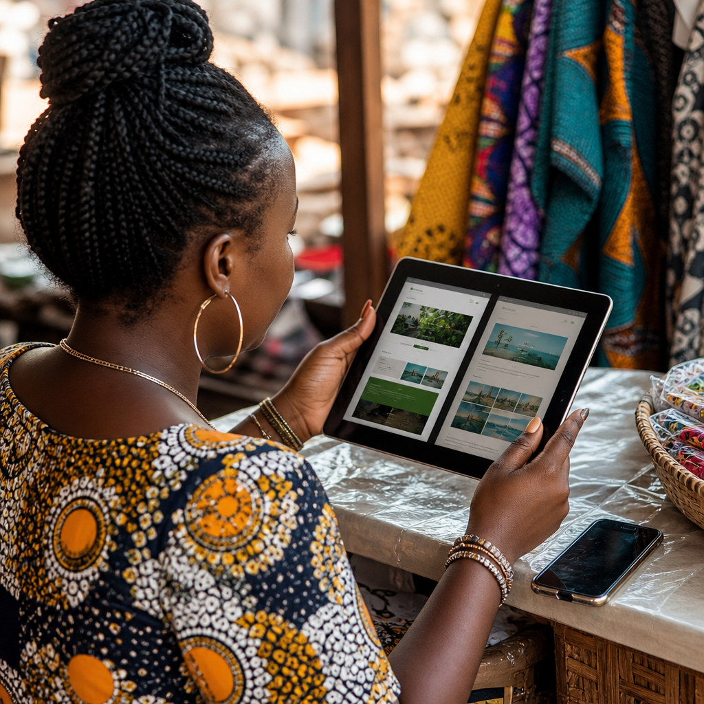 A Zambian small business owner comparing two website designs on a tablet at a market stall, mobile phone beside the tablet, warm outdoor Lusaka lighting, photorealistic, no text