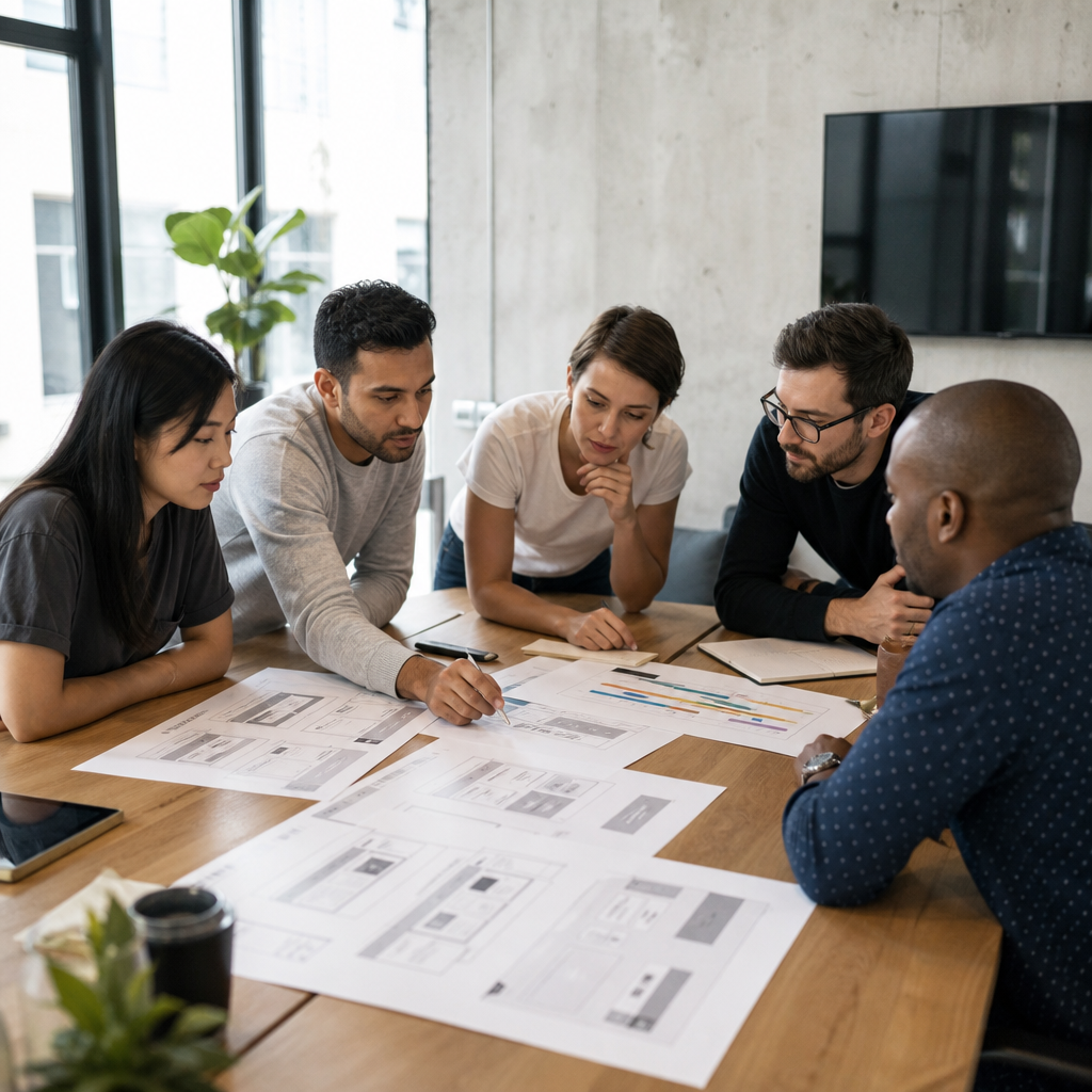 A diverse team of four web developers and a client gathered around a conference table reviewing printed website wireframes and a project timeline chart, modern agency office, photorealistic, natural daylight, no text