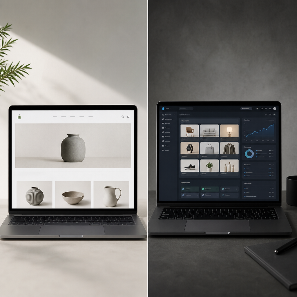 A split-screen comparison showing a simple Shopify storefront on the left and a complex custom-coded e-commerce dashboard with multiple product categories on the right, clean studio lighting, photorealistic, no text