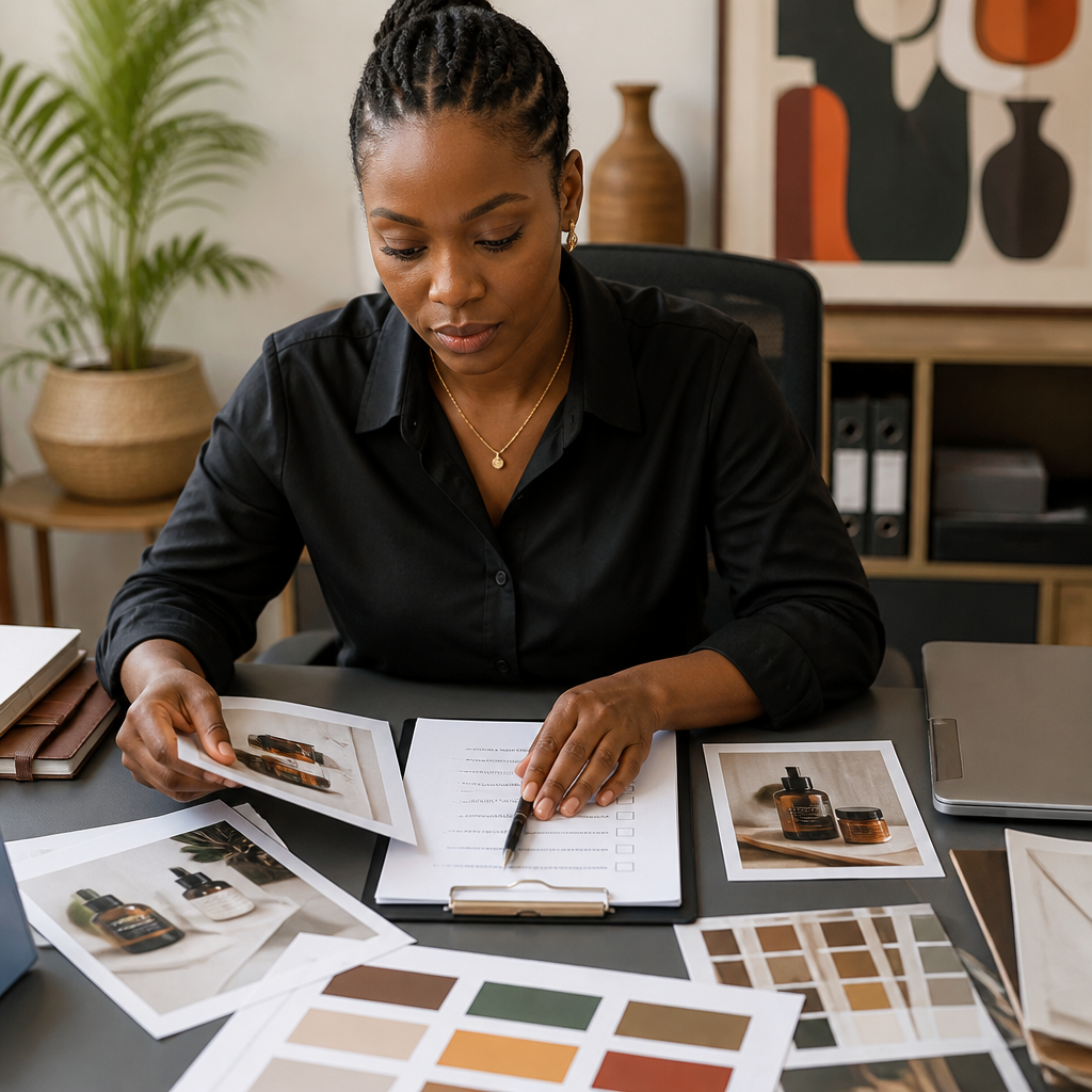 A small business owner in a contemporary African office setting organizing brand assets, product photos, and a checklist on a desk before a website project kickoff meeting, warm practical lighting, photorealistic, no text