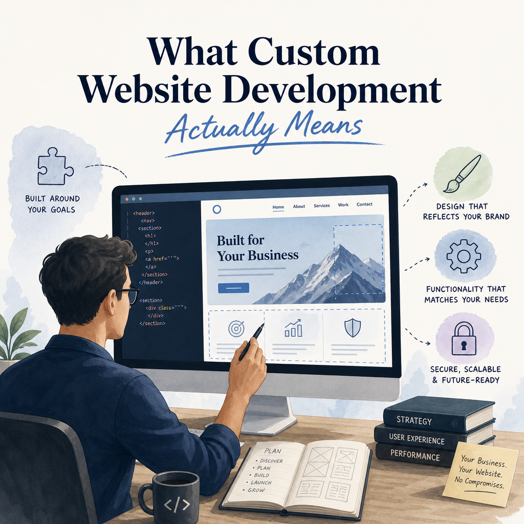 Editorial illustration for the section 'What Custom Website Development Actually Means' in an article about WordPress vs Custom Website: Which is Better for Business?
