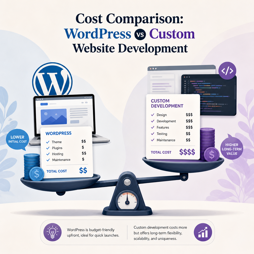 Editorial illustration for the section 'Cost Comparison: WordPress vs Custom Website Development' in an article about WordPress vs Custom Website: Which is Better for Business?