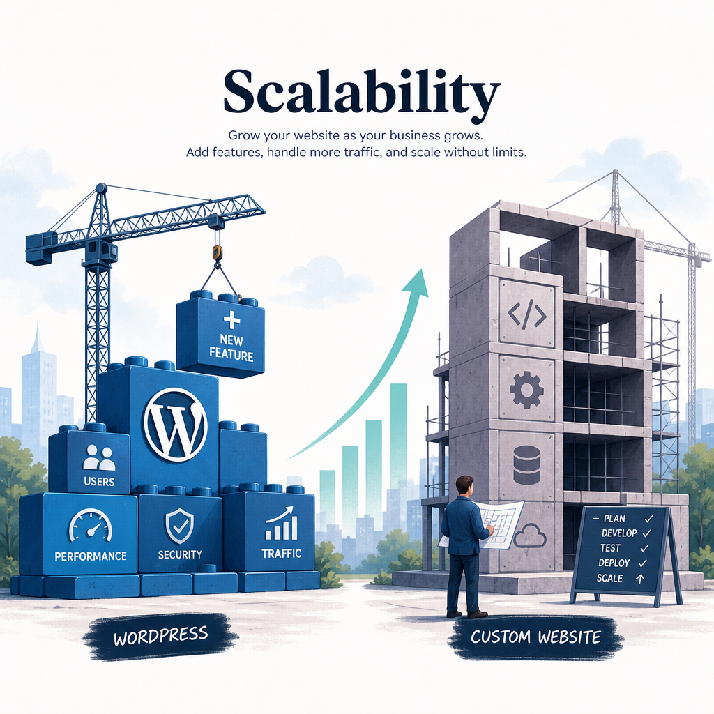 Editorial illustration for the section 'Scalability' in an article about WordPress vs Custom Website: Which is Better for Business?