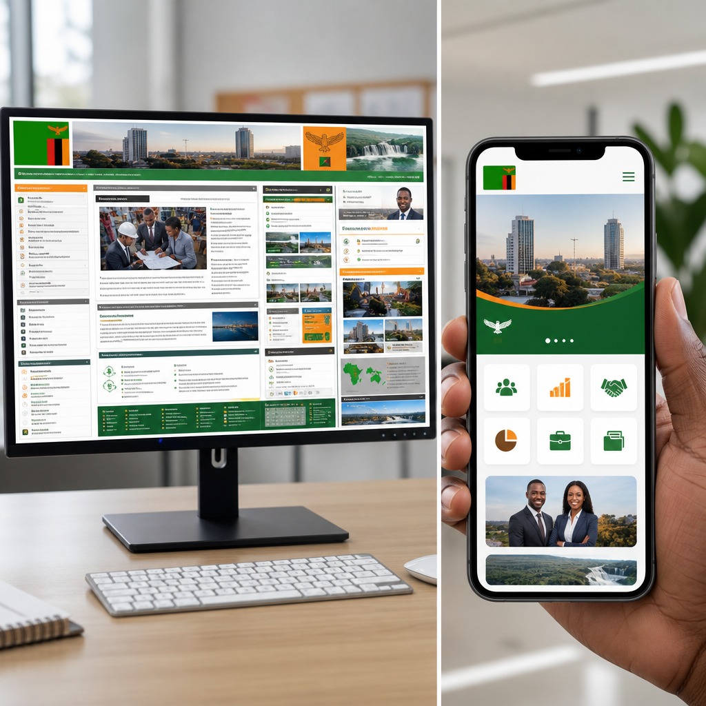 Split-screen comparison showing the same Zambian business website on a desktop monitor versus a smartphone screen, the desktop version cluttered and hard to read, the smartphone version clean and well-organised, photorealistic, bright office lighting, no text