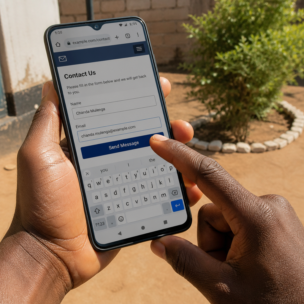 Close-up of a Zambian person's hands on a smartphone filling in a simple two-field contact form on a mobile website, outdoor setting with bright African sunlight, photorealistic, no text overlays