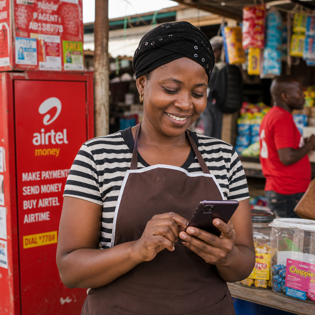 Zambian small business owner at a market stall in Kitwe using a smartphone to complete an Airtel Money mobile payment transaction, colourful market background, photorealistic, natural daylight