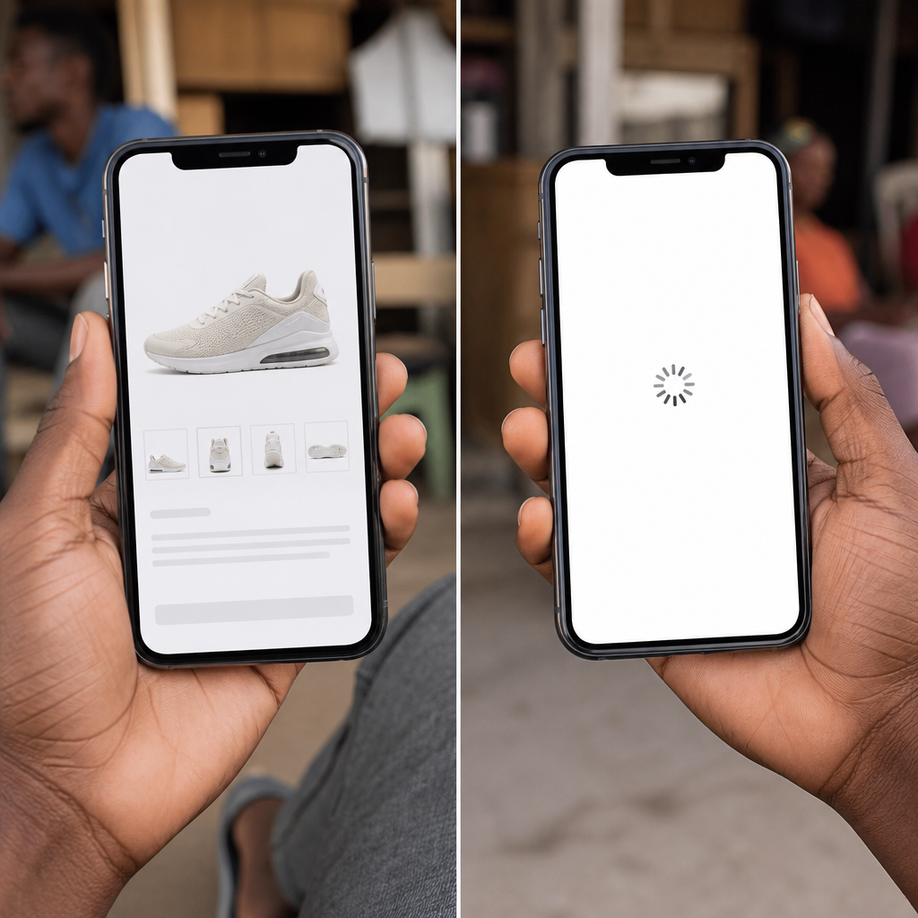 Split-screen comparison showing a smartphone with a fast-loading clean product page on the left versus a blank white loading screen with a spinning indicator on the right, held by a Zambian person in a casual urban setting, photorealistic, no text