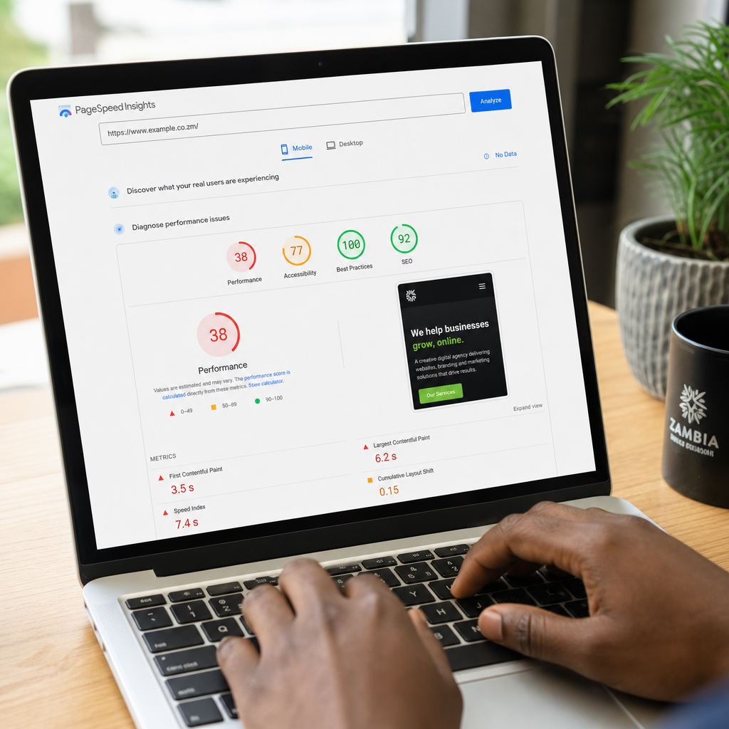 Close-up of a Zambian entrepreneur's hands typing on a laptop, screen showing a Google PageSpeed Insights report with red and green score indicators visible, natural daylight, photorealistic, shallow depth of field