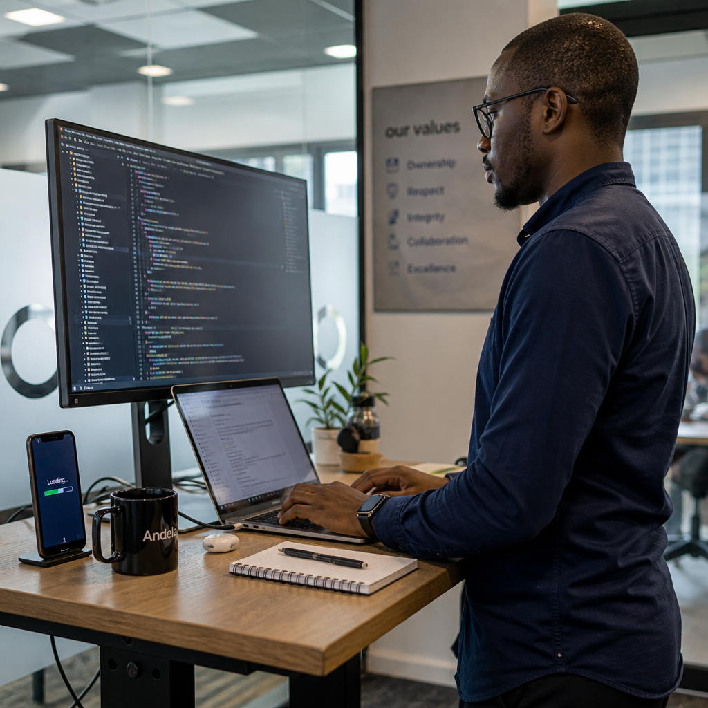 A web developer at a standing desk reviewing lines of code on a large monitor, with a mobile phone beside the laptop showing a website loading progress bar, modern office, African professional setting, photorealistic