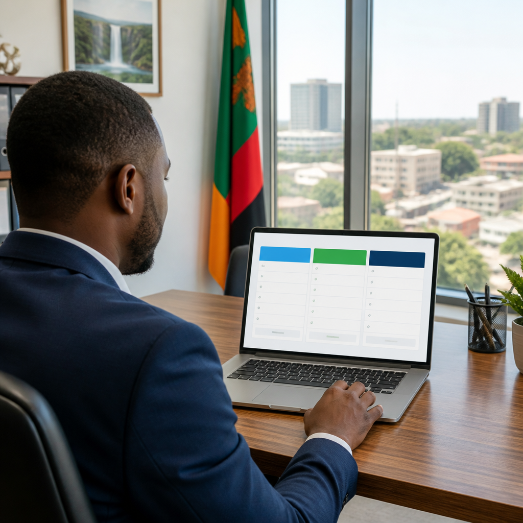 Clean data table on a laptop screen showing three columns labeled Starter, Growth, Enterprise with ZMW price ranges, viewed by a Zambian business owner in a bright Lusaka office, photorealistic, no text visible on screen