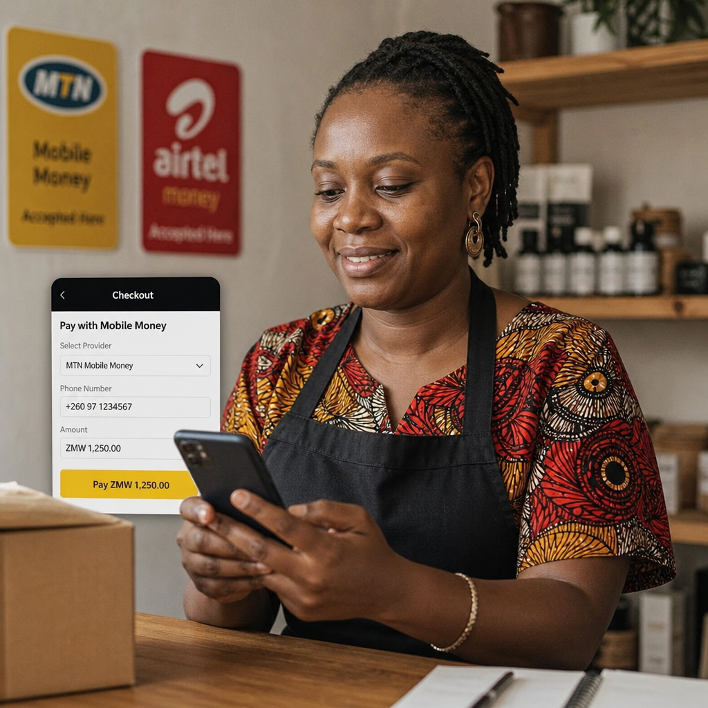 Zambian small business owner on a smartphone completing a mobile money payment at an online checkout, MTN and Airtel logos subtly visible in background signage, photorealistic, warm indoor lighting