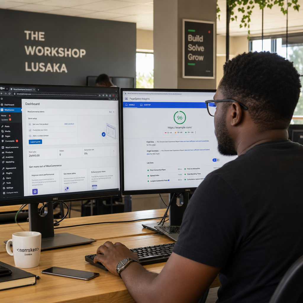 Developer in a Zambian co-working space reviewing website maintenance tasks on dual monitors, one screen showing a WooCommerce dashboard and the other showing a Google PageSpeed report, photorealistic, natural light