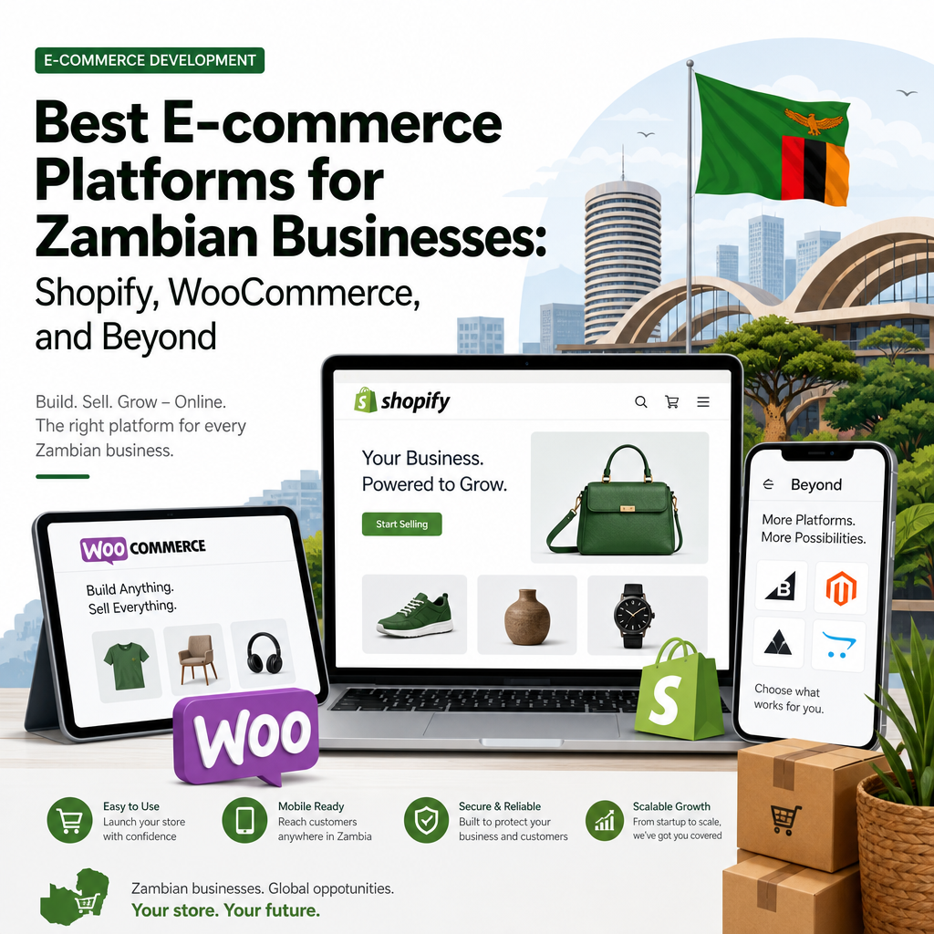 Editorial illustration for an article about Best E-commerce Platforms for Zambian Businesses: Shopify, WooCommerce, and Beyond (E-commerce Development)