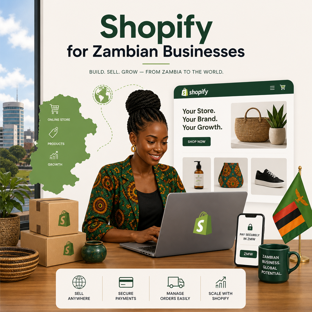 Editorial illustration for the section 'Shopify for Zambian Businesses' in an article about Best E-commerce Platforms for Zambian Businesses: Shopify, WooCommerce, and Beyond