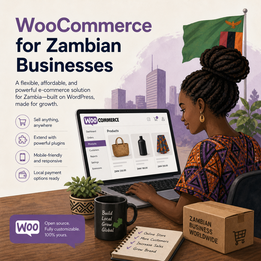 Editorial illustration for the section 'WooCommerce for Zambian Businesses' in an article about Best E-commerce Platforms for Zambian Businesses: Shopify, WooCommerce, and Beyond