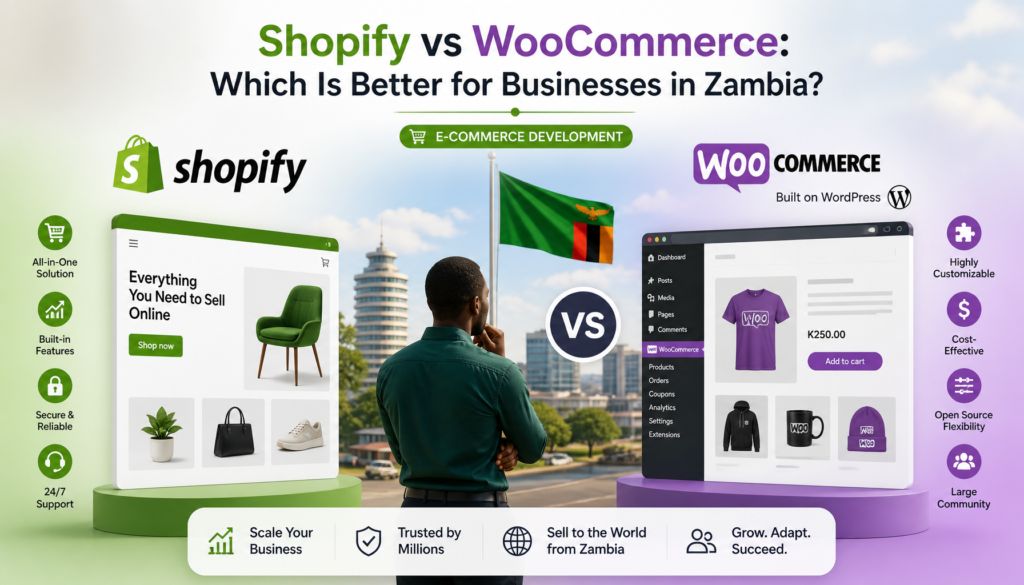 Editorial illustration for an article titled 'Shopify vs WooCommerce: Which Is Better for Businesses in Zambia?' in the E-commerce Development category