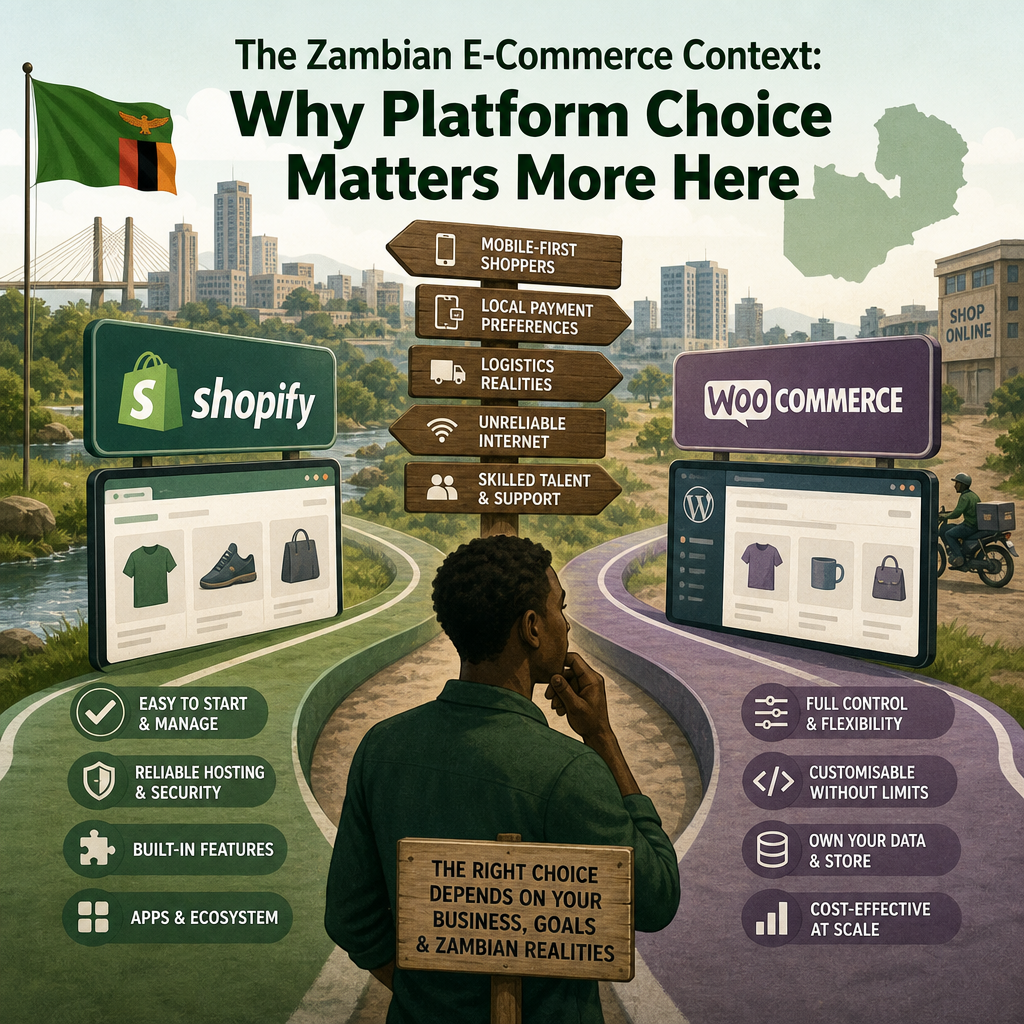 Editorial illustration for the section 'The Zambian E-Commerce Context: Why Platform Choice Matters More Here' in an article about Shopify vs WooCommerce: Which Is Better for Businesses in Zambia?