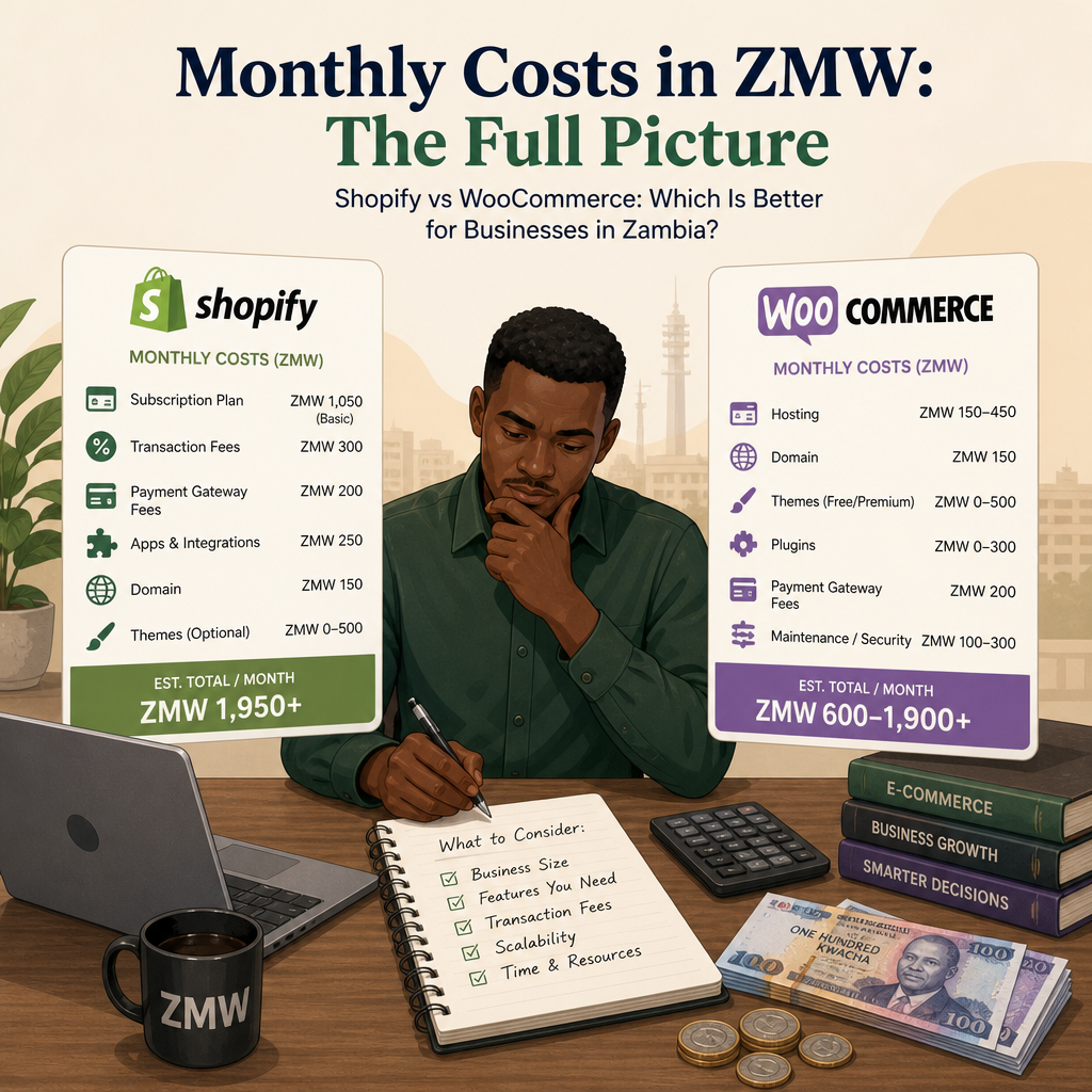 Editorial illustration for the section 'Monthly Costs in ZMW: The Full Picture' in an article about Shopify vs WooCommerce: Which Is Better for Businesses in Zambia?