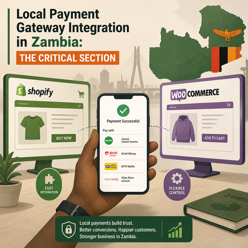 Editorial illustration for the section 'Local Payment Gateway Integration in Zambia: The Critical Section' in an article about Shopify vs WooCommerce: Which Is Better for Businesses in Zambia?